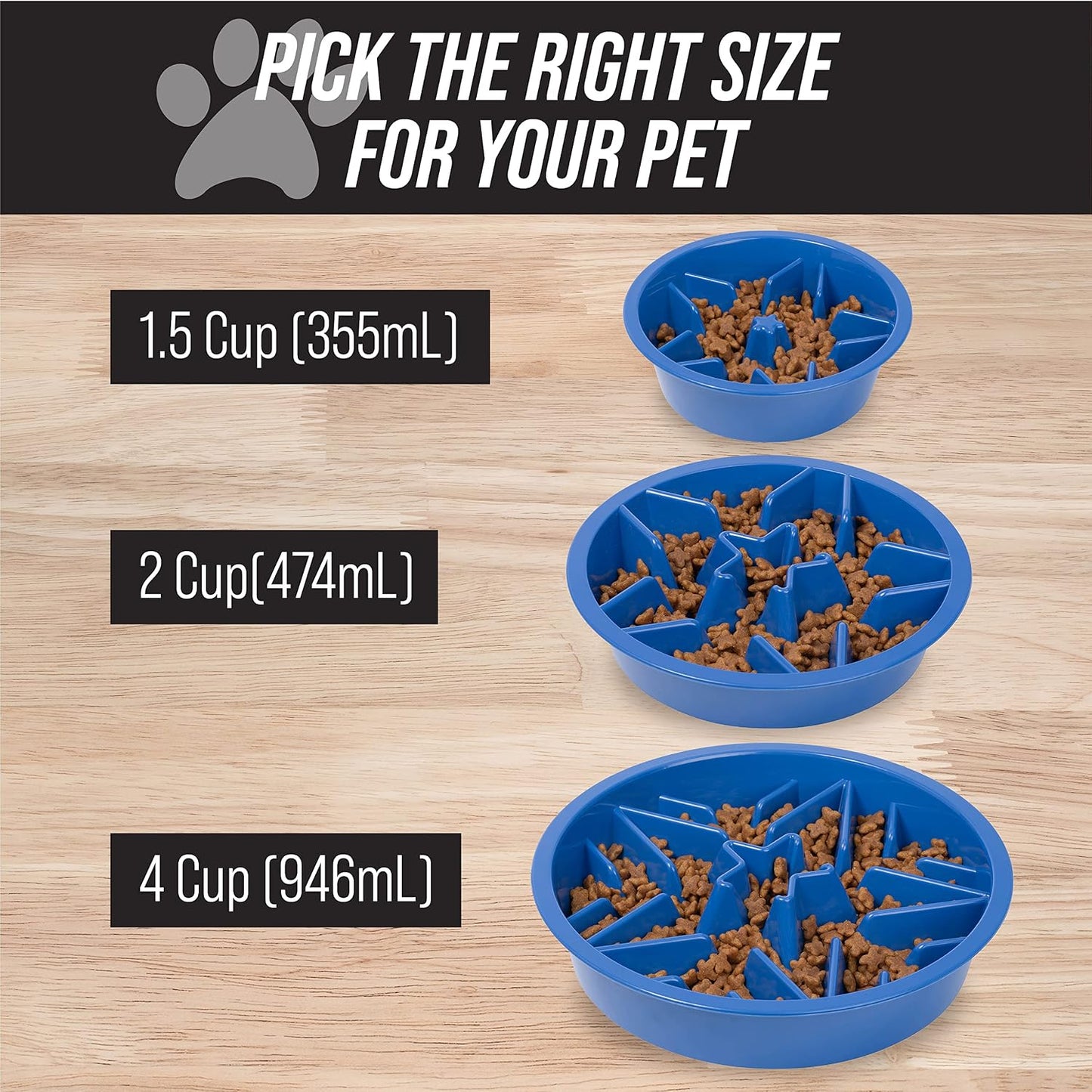 Slow Feeder Dog Bowl (2 Cup) - Puzzle Dog Food Bowl with Feeder Holes, Fits Elevated Pet Feeders, Slow Eating for Large, Medium & Small Sized Breeds - Blue