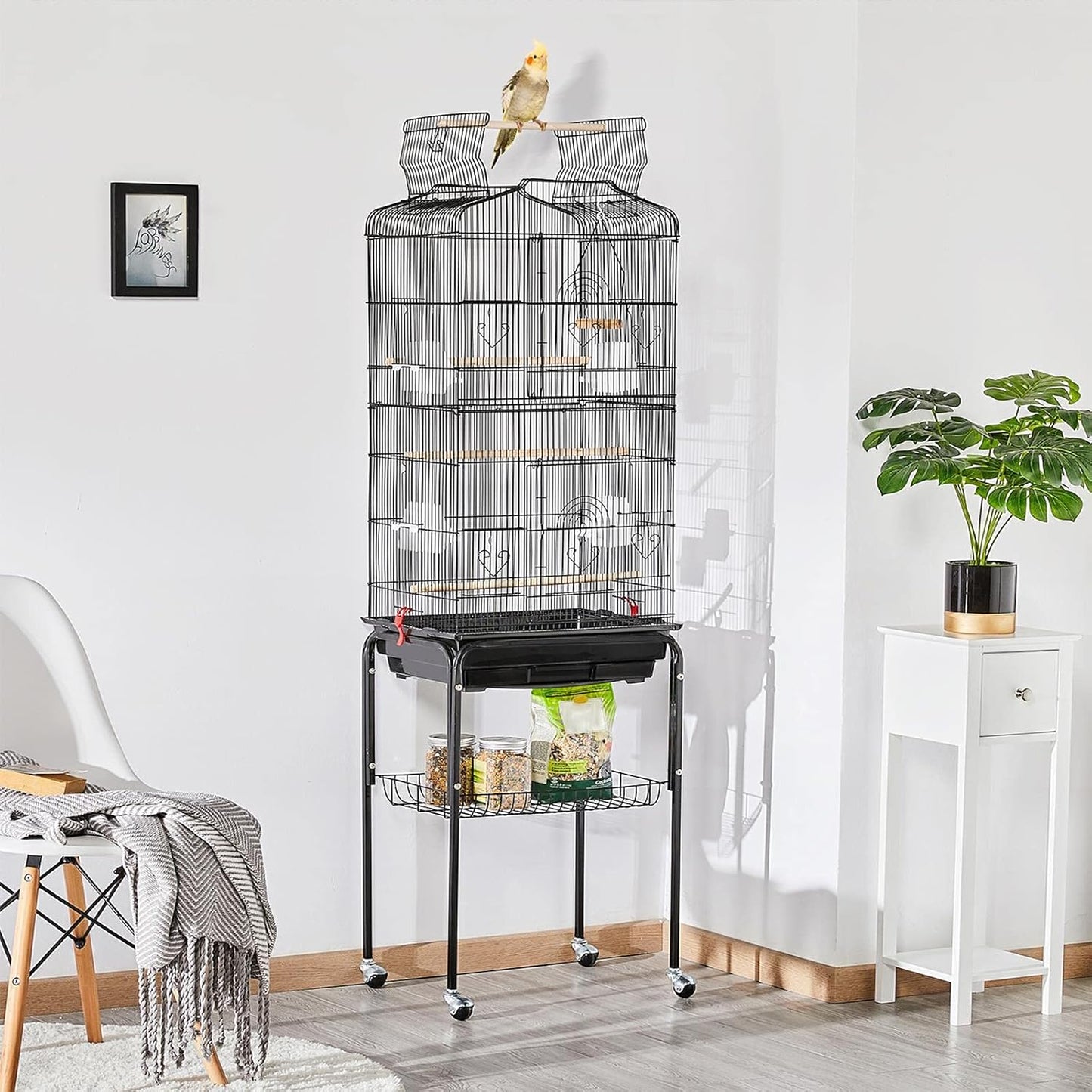 Yaheetech 64'' Open Top Bird Cage for Parakeets & Cockatiels, Black | Detachable Rolling Stand, Easy-Clean Slide Tray, Multi-Door Access, 3/8" Bar Spacing, Indoor/Outdoor Use