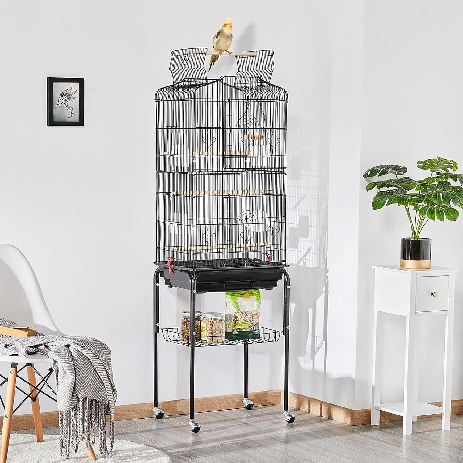 Yaheetech 64'' Open Top Bird Cage for Parakeets & Cockatiels, Black | Detachable Rolling Stand, Easy-Clean Slide Tray, Multi-Door Access, 3/8" Bar Spacing, Indoor/Outdoor Use