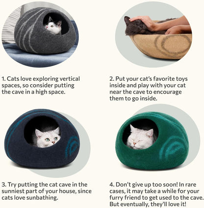Merino Wool Cat Cave Bed for Indoor Cats (Large, Back Aqua) | Premium Handmade Felt Enclosure, Soft, Lightweight, Breathable, Adjustable Design